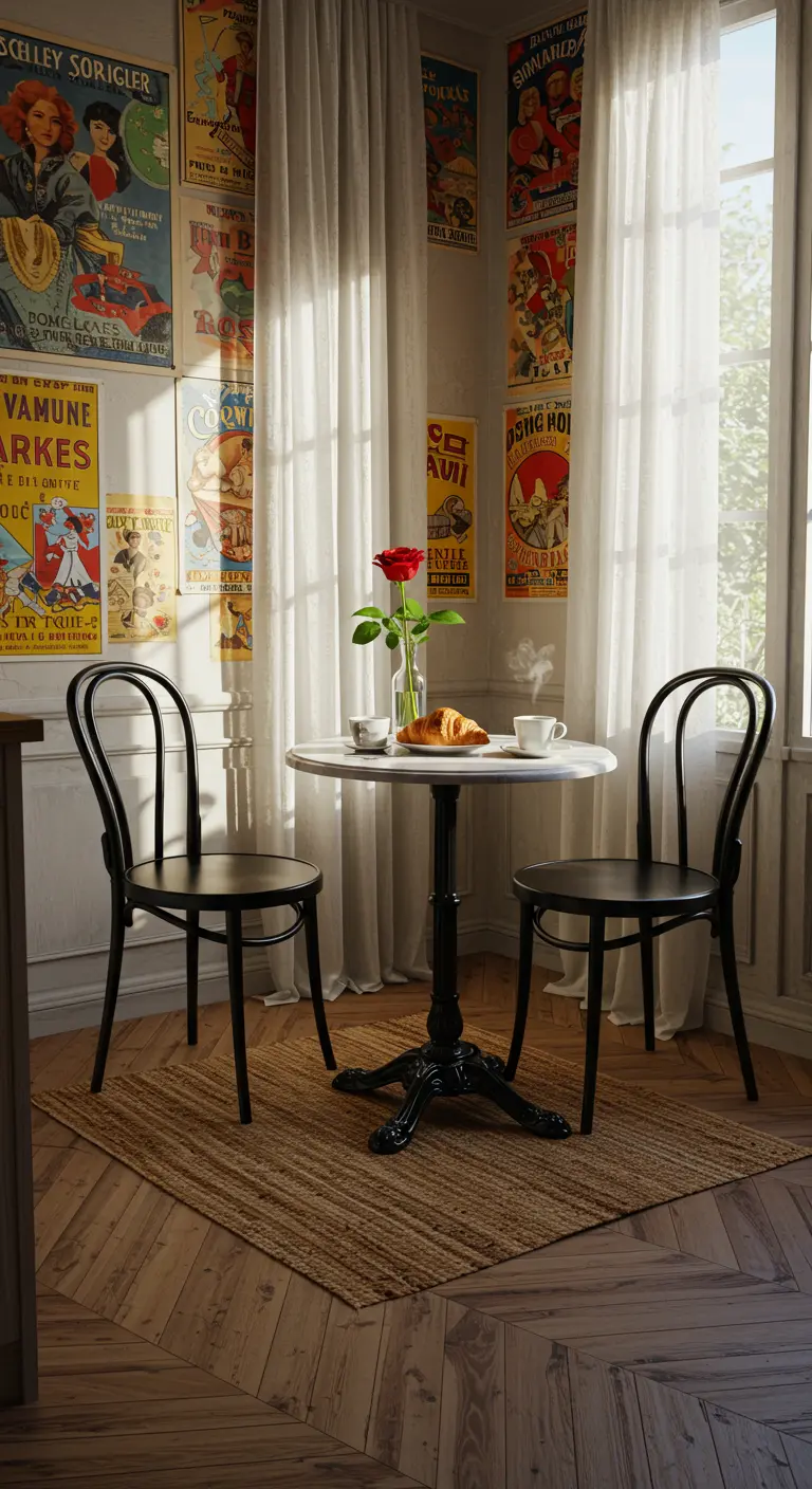 Rincón de desayuno con sillas Thonet negras, mesa bistró y pósteres vintage en la pared.