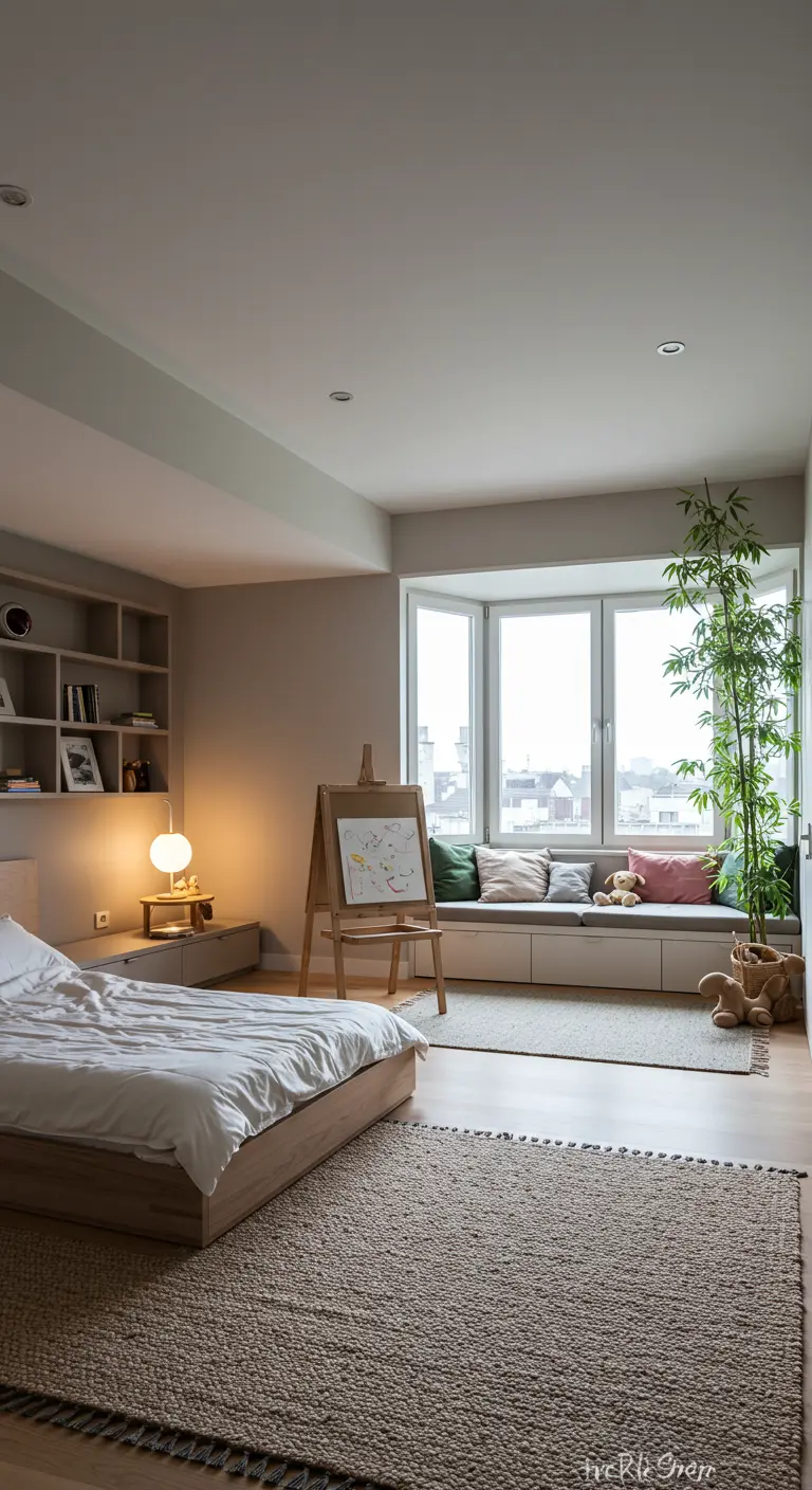 Habitación neutra con banco bajo la ventana, un caballete y una planta alta.