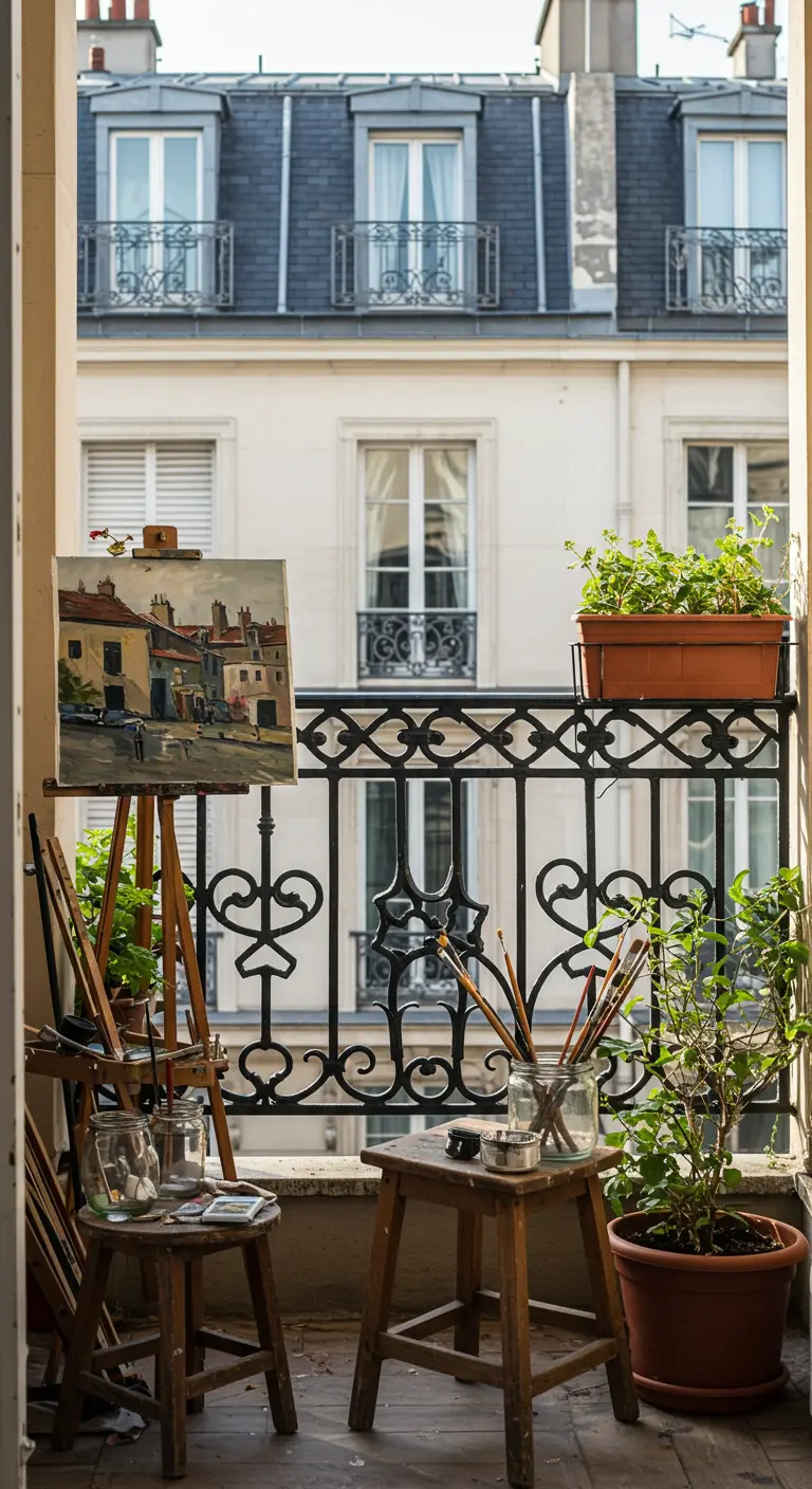 Balcón bohemio convertido en un estudio de pintura con un caballete y pinceles