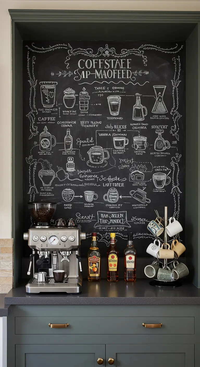 Estación de café con una pared de pizarra que muestra un menú detallado e ilustrado de diferentes tipos de café.