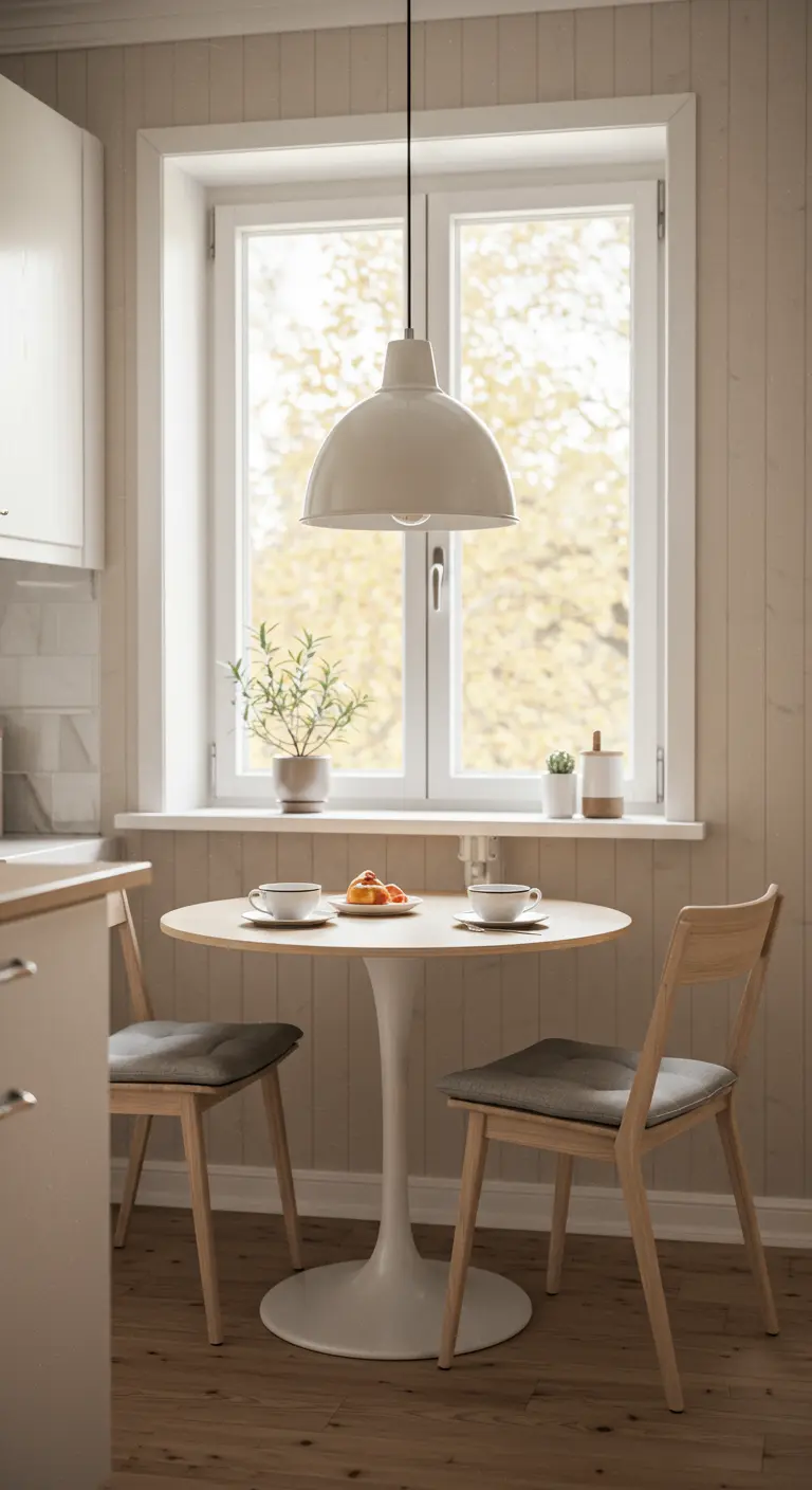 Pequeño rincón de desayuno junto a una ventana con mesa redonda blanca y sillas de madera