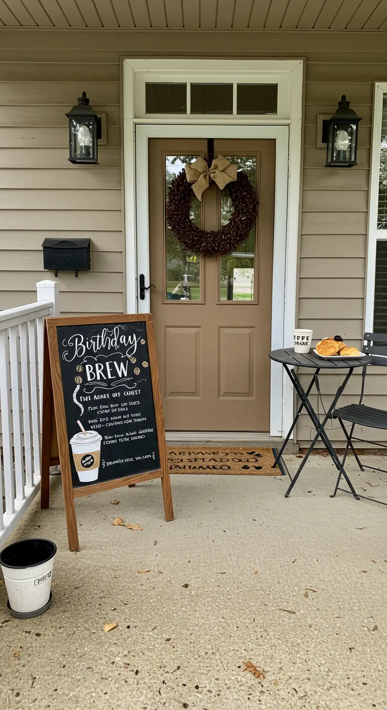 Porche decorado con temática de cafetería, con un cartel de pizarra y una mesa para el desayuno.
