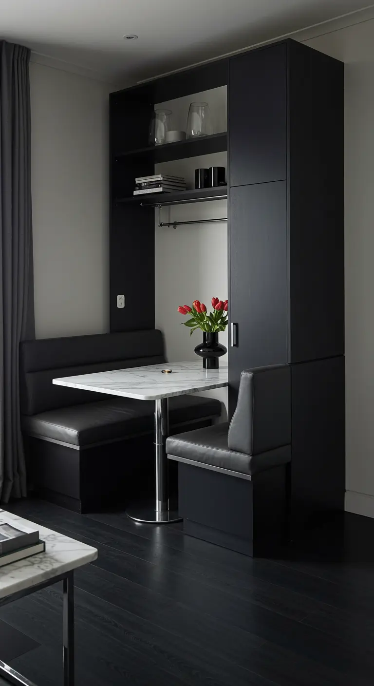 Mueble negro multifuncional con cama abatible que revela una zona de comedor.