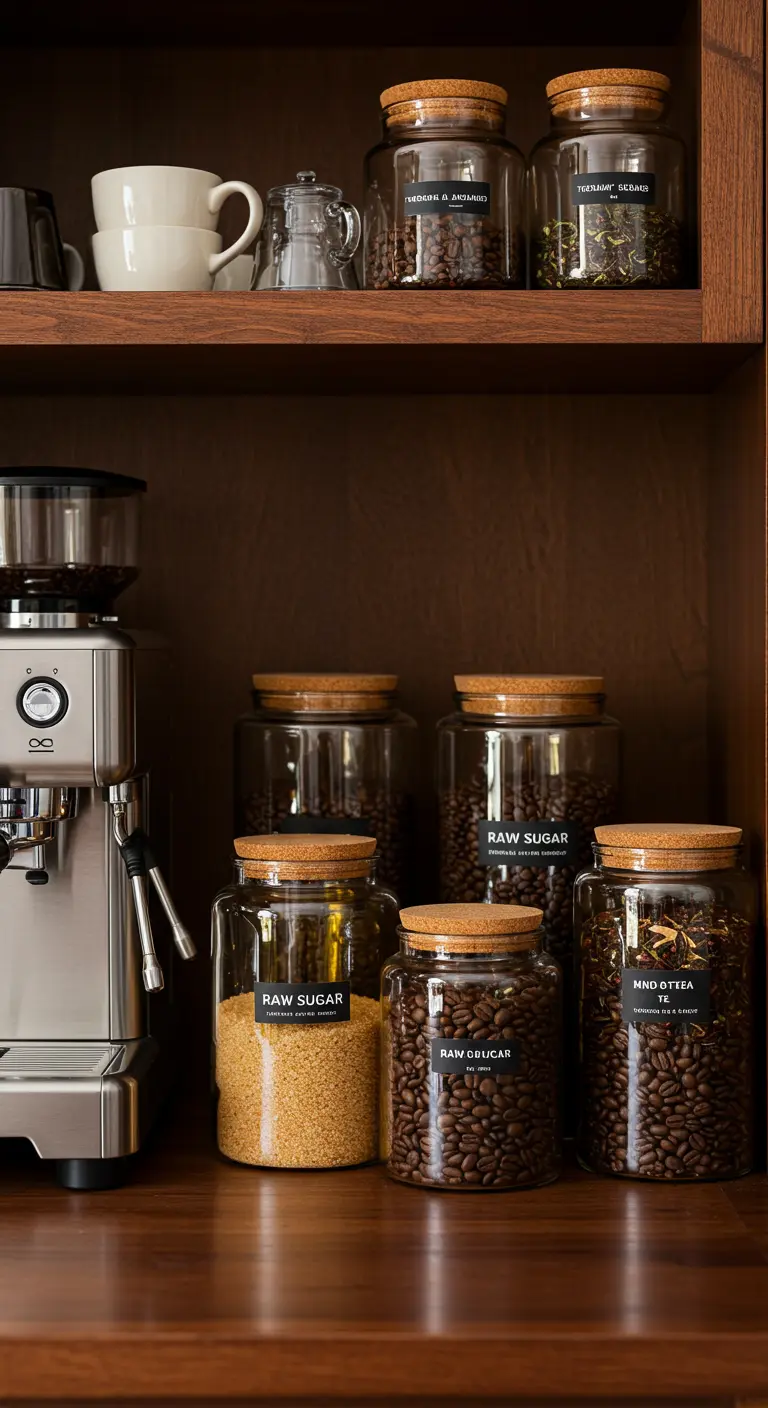 Estación de café con cafetera y frascos de vidrio con tapas de corcho llenos de granos de café y azúcar.