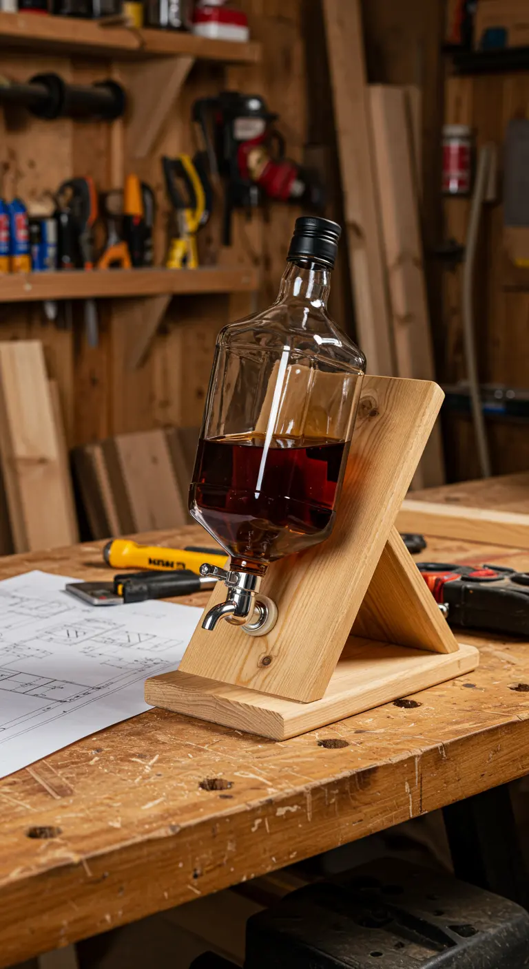Botella de licor convertida en dispensador, inclinada sobre un soporte de madera hecho a mano.