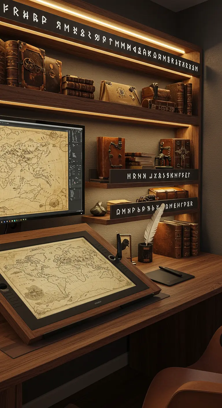 Escritorio de un cartógrafo con mapas antiguos en pantalla, una tableta de dibujo y estantes con runas.