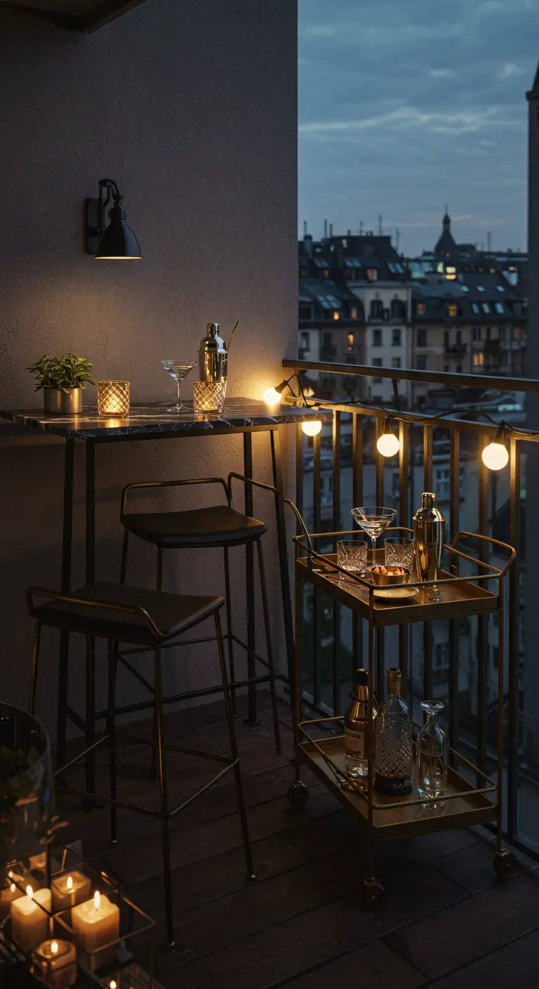 Zona de bar en un balcón por la noche, con mesa alta, taburetes y un carrito de bebidas dorado.