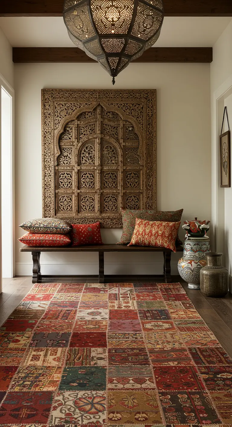 Entrada de inspiración global con panel de madera tallada, banco con cojines étnicos y alfombra patchwork.