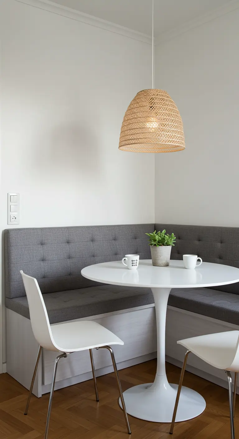 Rincón de comedor con banco esquinero y una pequeña lámpara de mimbre.