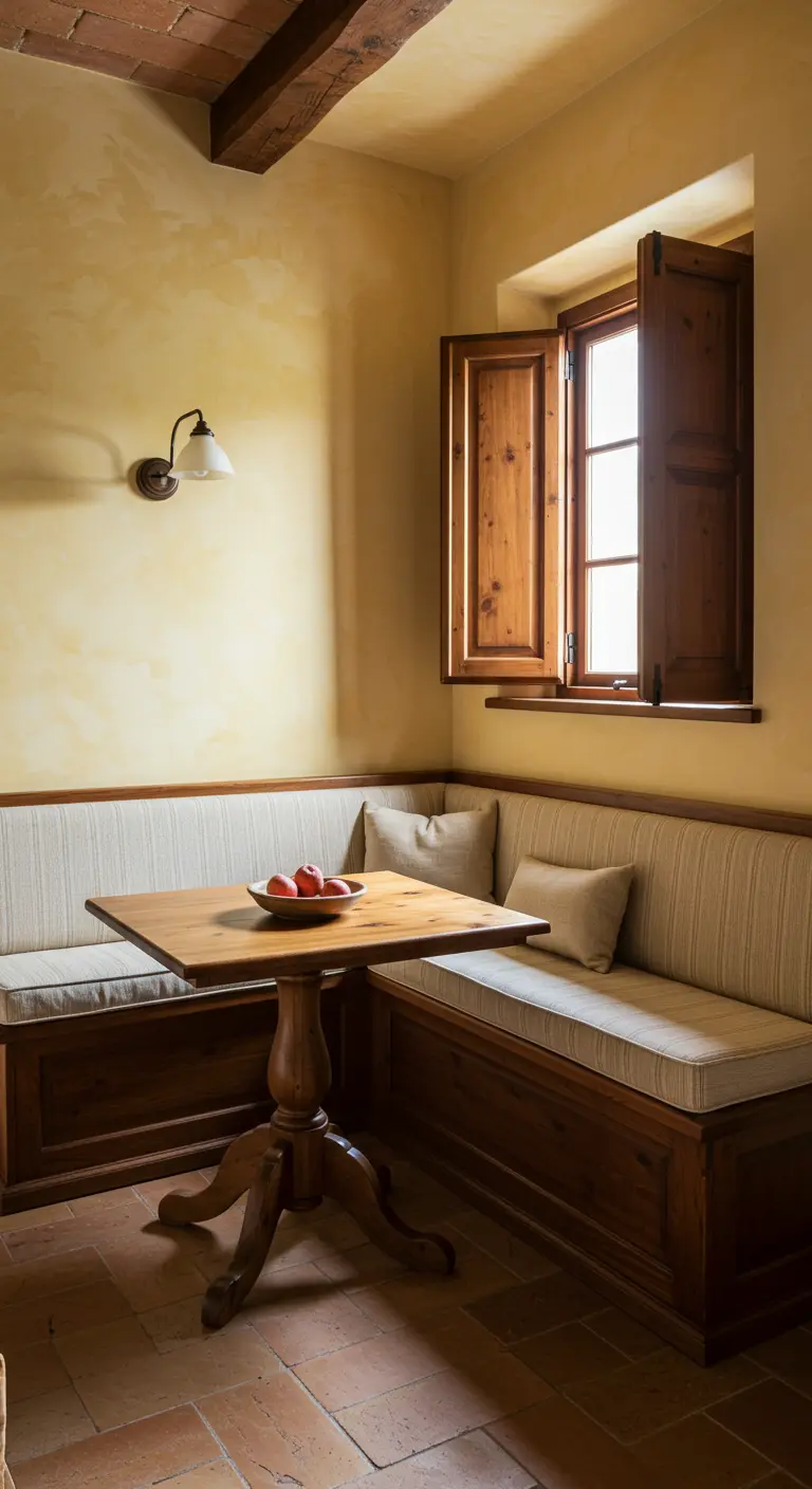 Pequeño rincón de desayuno con un banco esquinero de madera y una mesa de pedestal.