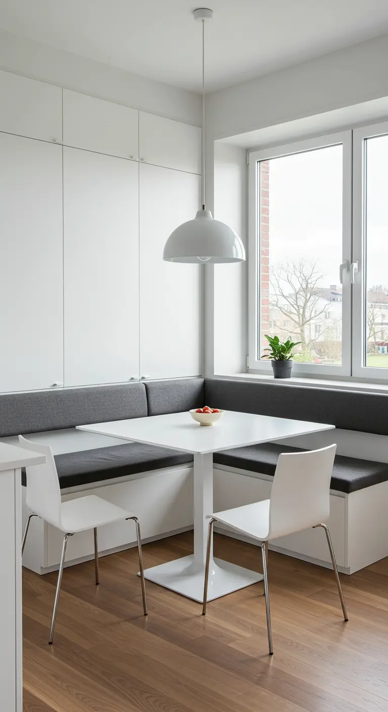 Banqueta de esquina blanca con cojines grises en una cocina moderna y minimalista.