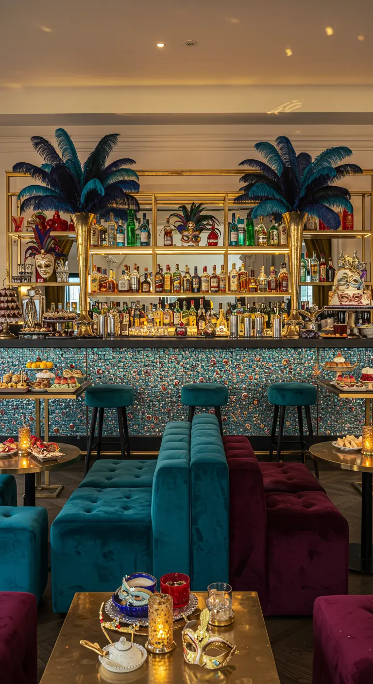 Bar de lujo decorado con grandes plumas azules, máscaras y asientos de terciopelo para una fiesta.