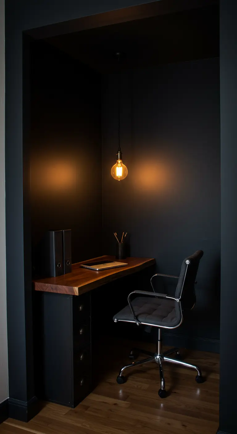 Oficina minimalista en un nicho completamente negro con una bombilla Edison.
