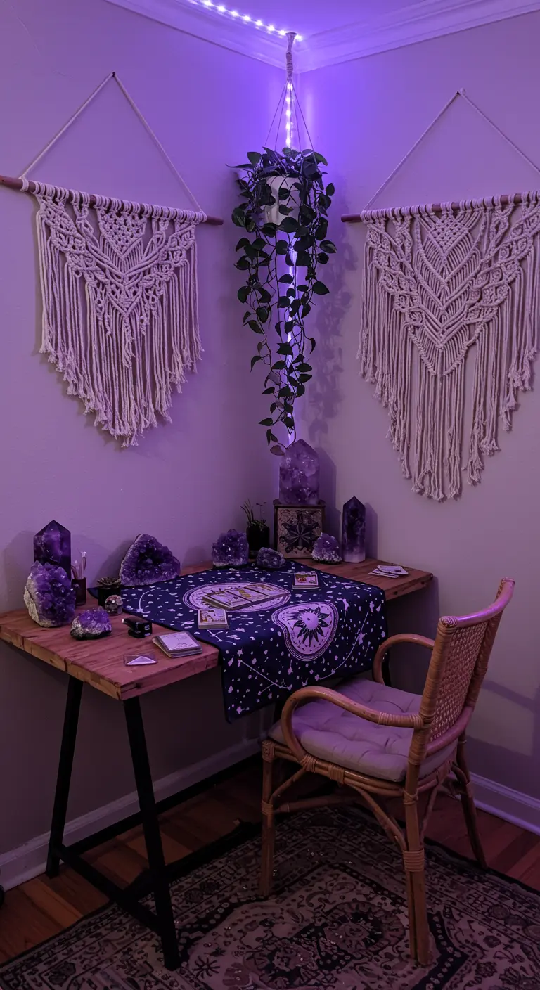 Rincón de estudio de tarot con tapices de macramé, amatistas y luz LED morada.
