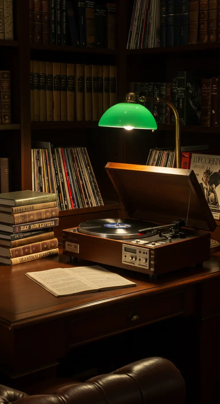 Tocadiscos sobre un escritorio de madera oscura, con una lámpara de banquero verde y estanterías de libros.
