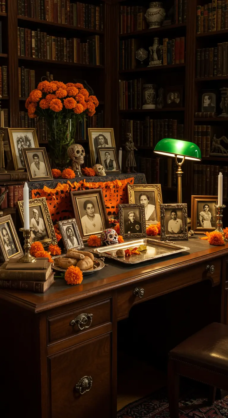 Altar de muertos elegante sobre un escritorio de madera en una biblioteca, con fotos y libros.