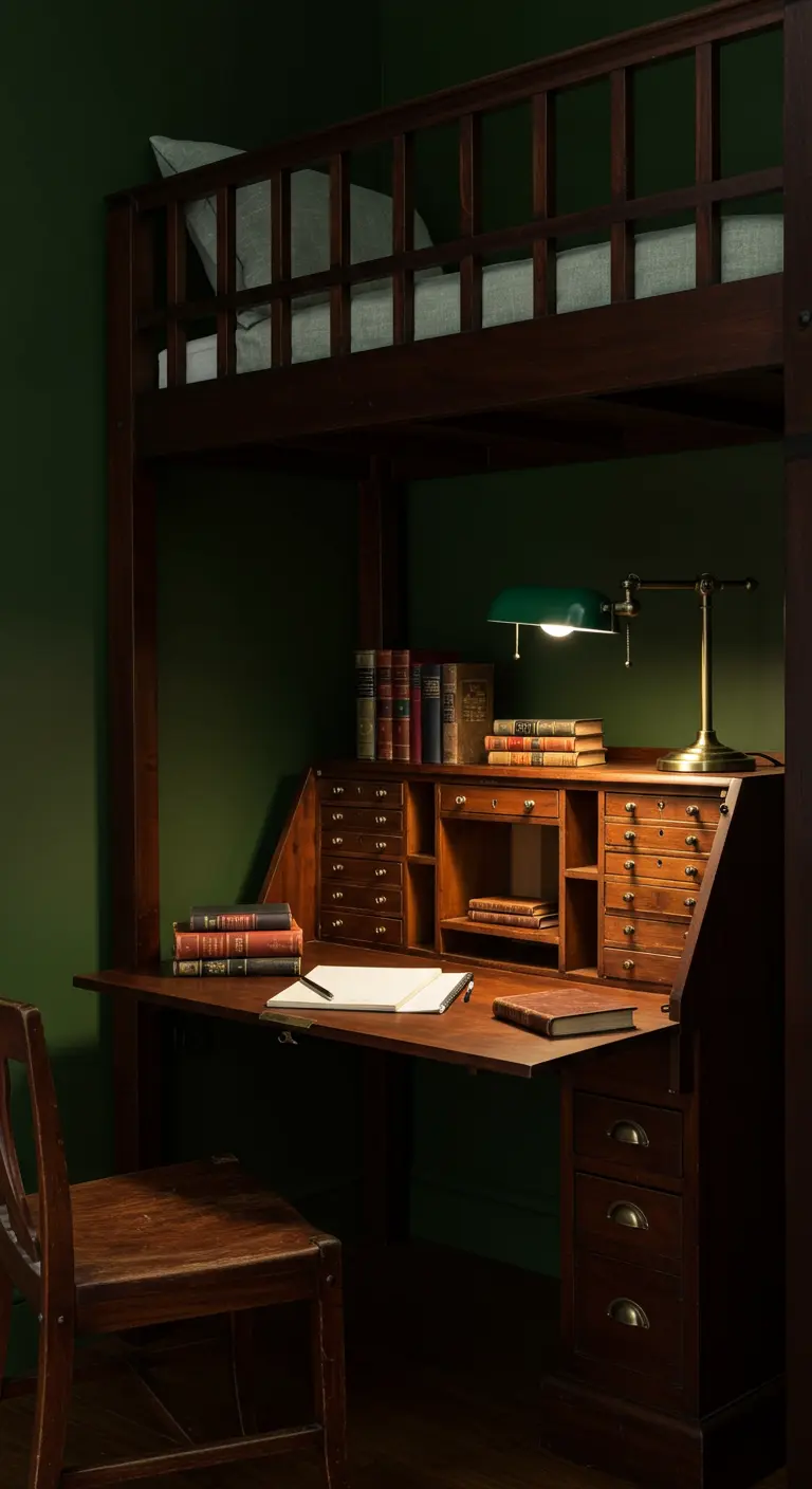 Cama alta de madera oscura con un escritorio de secretario clásico y una lámpara verde