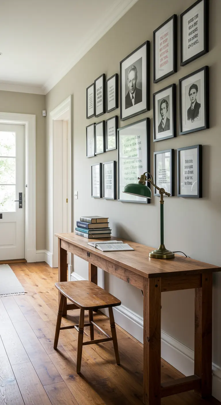Rincón de estudio con mesa de madera, taburete y galería de retratos y textos en blanco y negro.