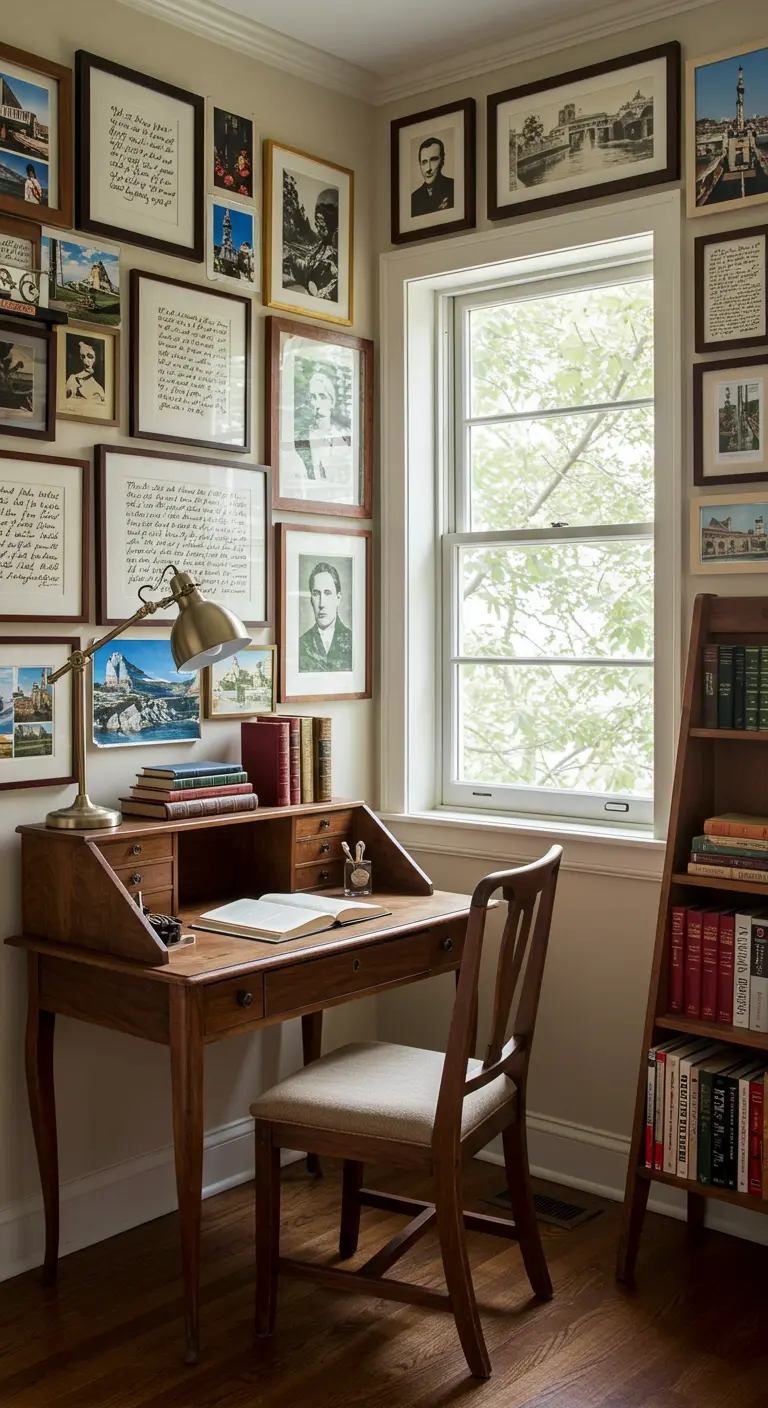 Escritorio de madera junto a una ventana, rodeado de cuadros, fotos y textos enmarcados