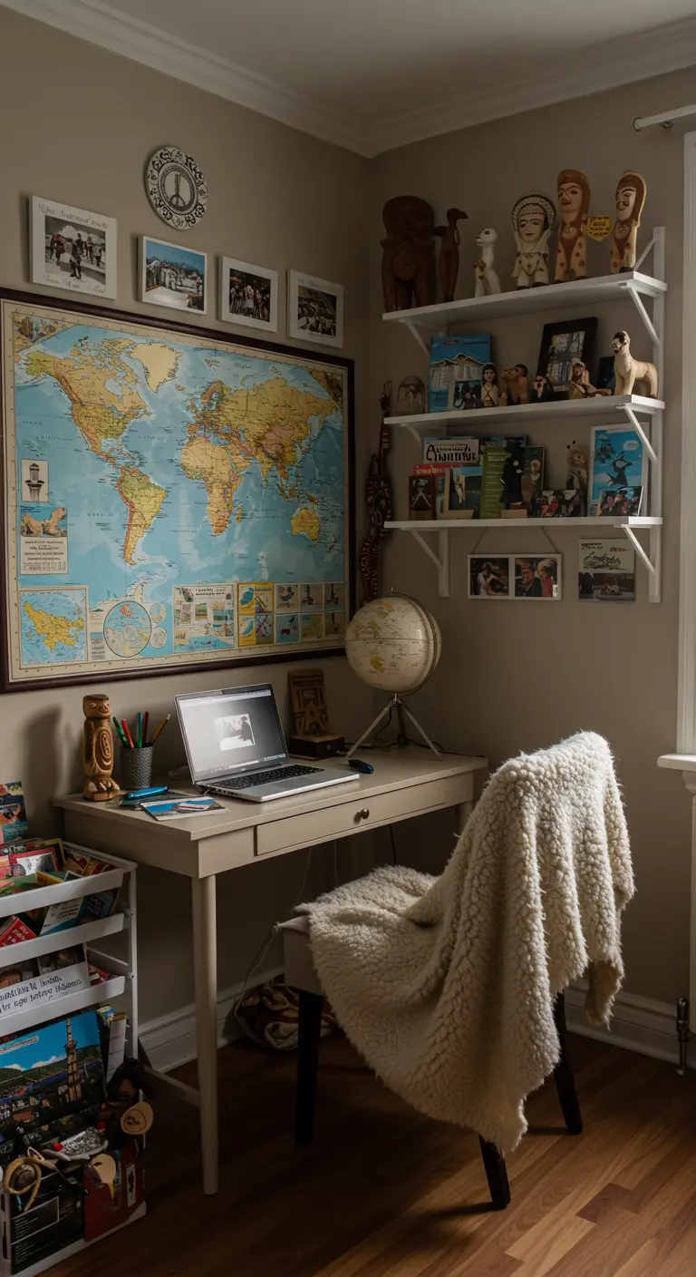 Rincón de trabajo temático de viajes con un gran mapa del mundo y souvenirs.