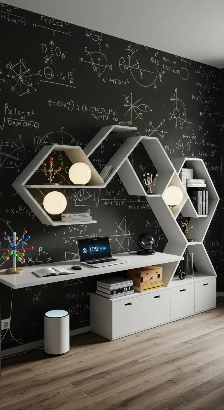 Escritorio con estanterías hexagonales en una pared de pizarra llena de fórmulas científicas.