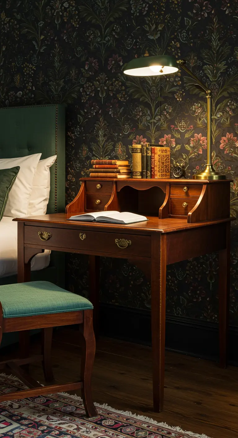 Escritorio de madera de estilo antiguo frente a un papel tapiz floral oscuro con una lámpara de lectura.