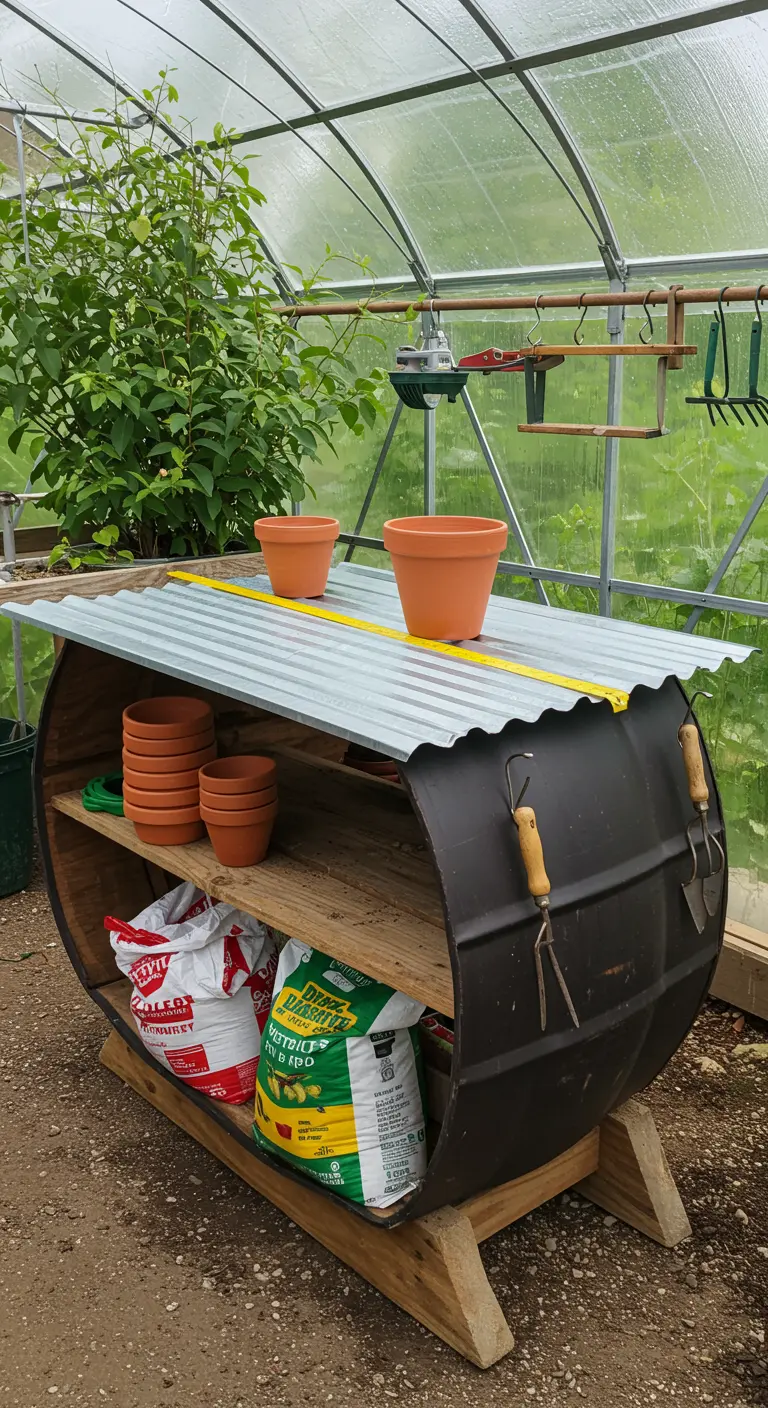 Barril de metal convertido en un banco de trabajo para jardinería con estantes y macetas