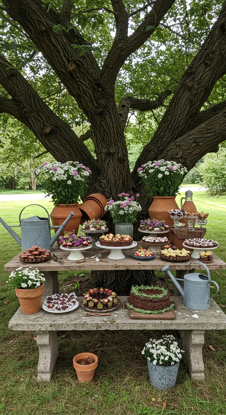 Mesa de postres rústica en un jardín, sobre un banco de piedra y decorada con macetas.
