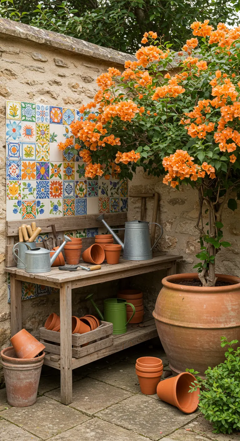 Mesa de trabajo de jardinería con un fondo de pared de piedra y un panel de azulejos de patchwork de colores.