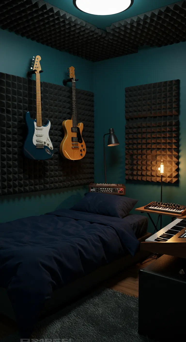 Dormitorio temático de música con guitarras colgadas en la pared y paneles acústicos.