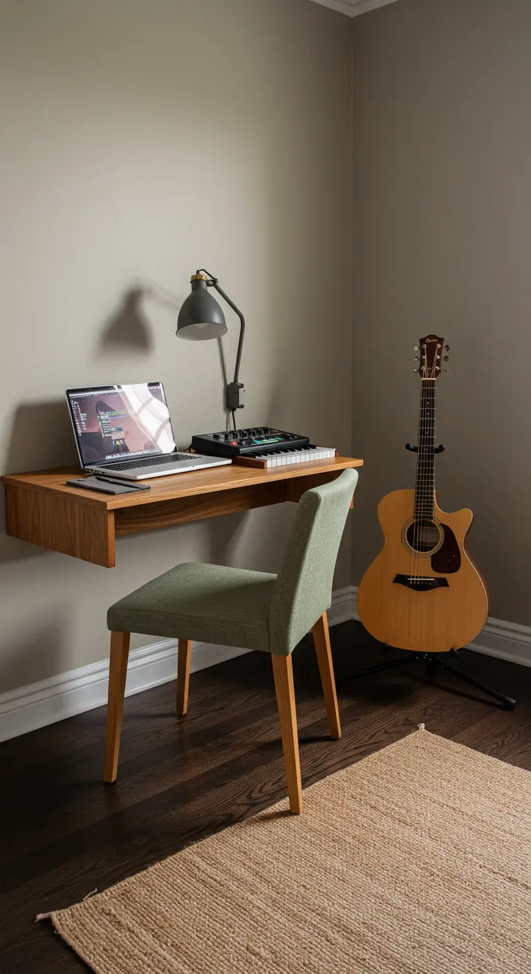 Rincón musical con escritorio flotante, silla y una guitarra en su soporte