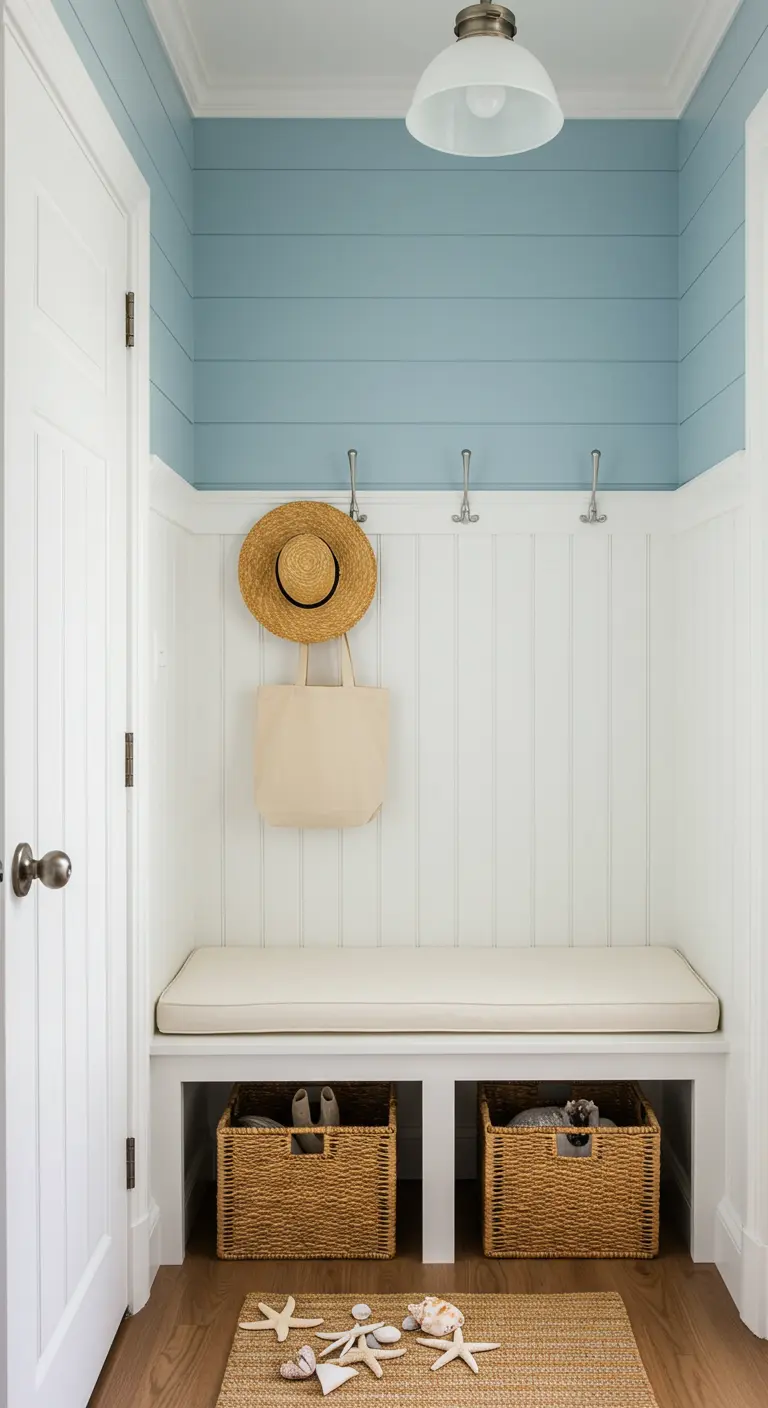 Pequeño recibidor con banco, cestas de mimbre y pared bicolor en blanco y azul.