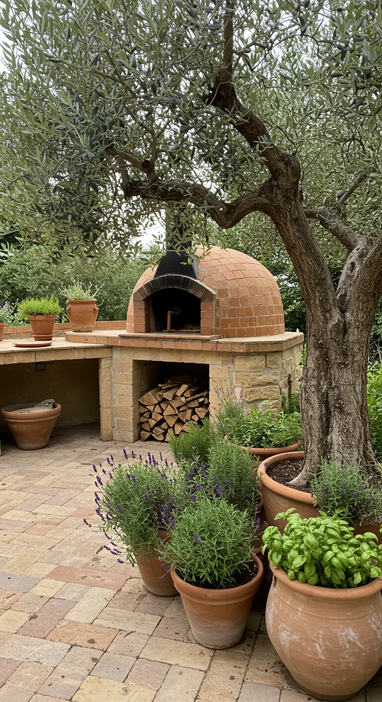 Horno de pizza de ladrillo al aire libre, bajo un olivo y rodeado de macetas con hierbas aromáticas.