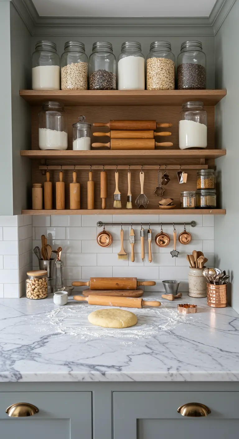 Rincón de repostería con estantes, rodillos y utensilios de cobre organizados en la pared