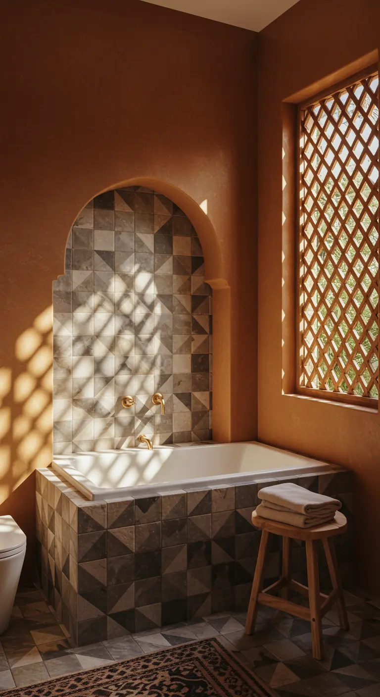 Rincón de bañera en baño marroquí con azulejos grises y paredes terracota