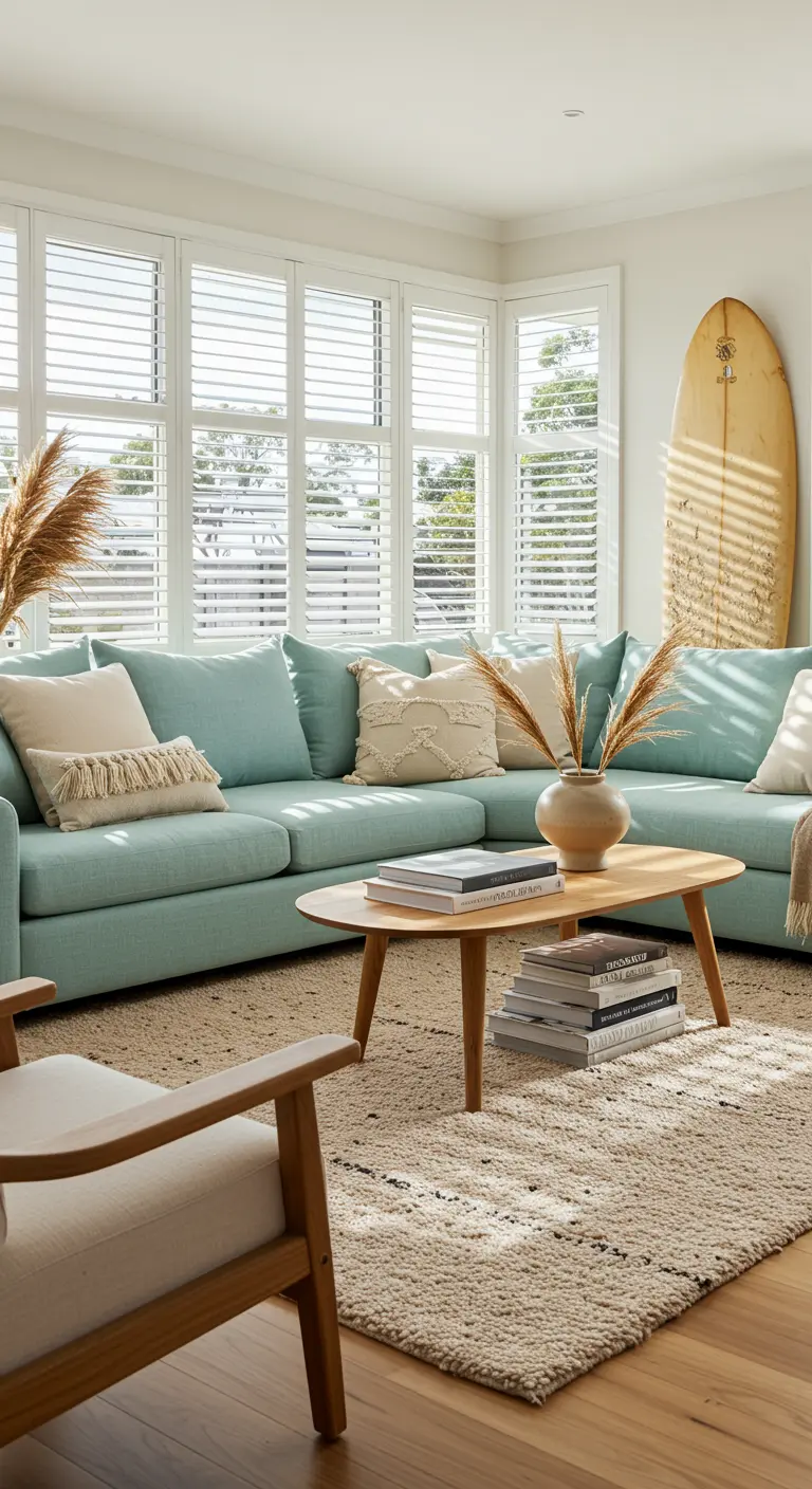 Sala de estar con sofá esquinero aguamarina, tabla de surf decorativa y alfombra boho.