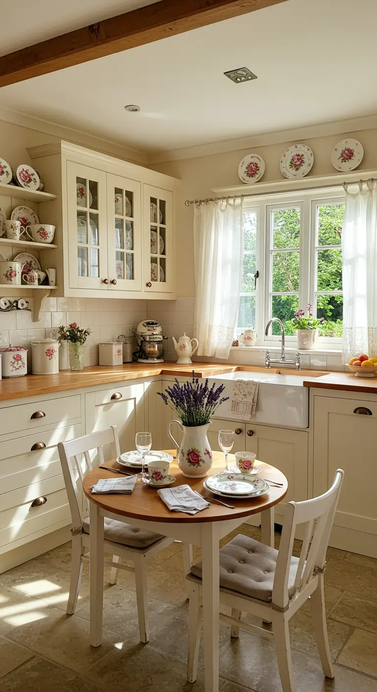 Cocina cottage color crema con mesa redonda, vajilla floral y un jarrón con lavanda fresca.