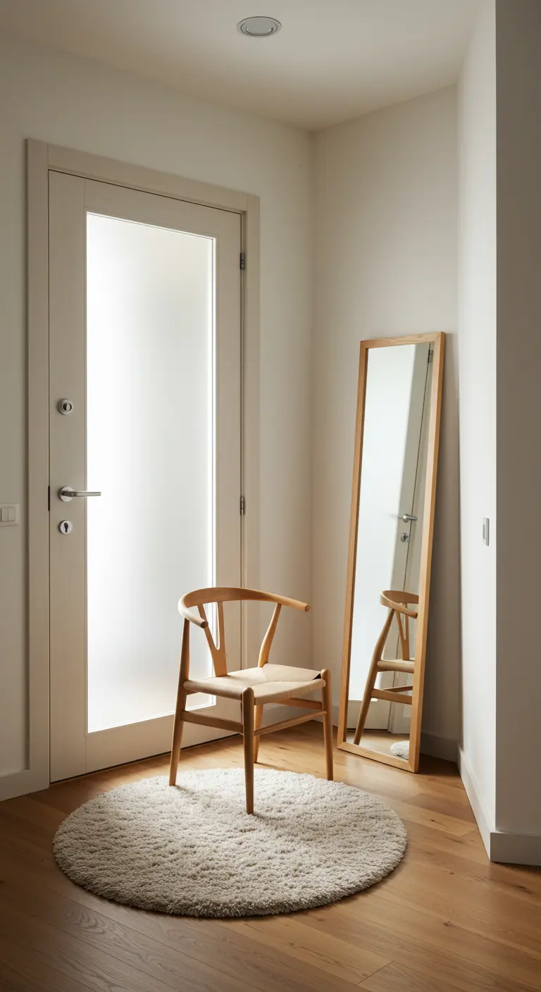Rincón minimalista con espejo de cuerpo entero apoyado, silla Wishbone y alfombra redonda