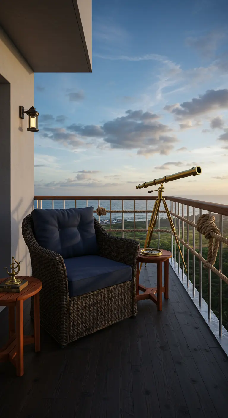 Balcón con sillón de mimbre azul, barandilla de cuerda y un telescopio dorado mirando al mar.