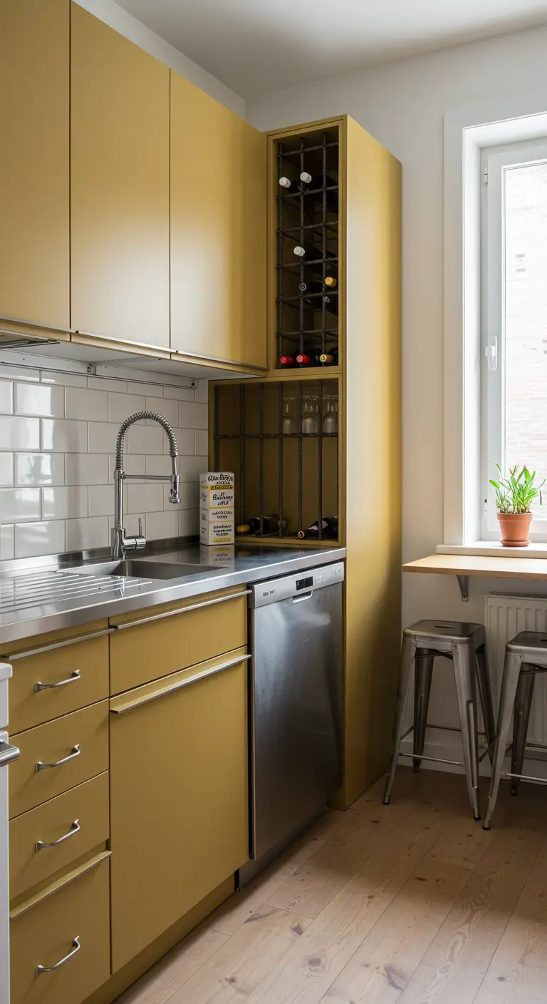 Cocina mostaza con mueble vinoteca integrado con rejillas metálicas y barra de desayuno.