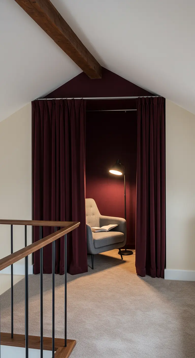 Rincón de lectura en un ático con paredes y cortinas de color borgoña y una butaca gris