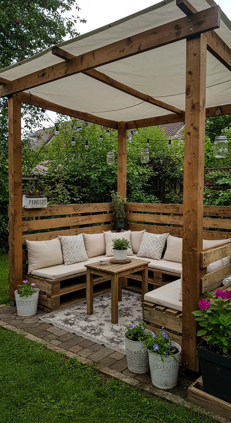 Rincón de jardín con una pérgola y un gran sofá esquinero hechos con palets de madera.