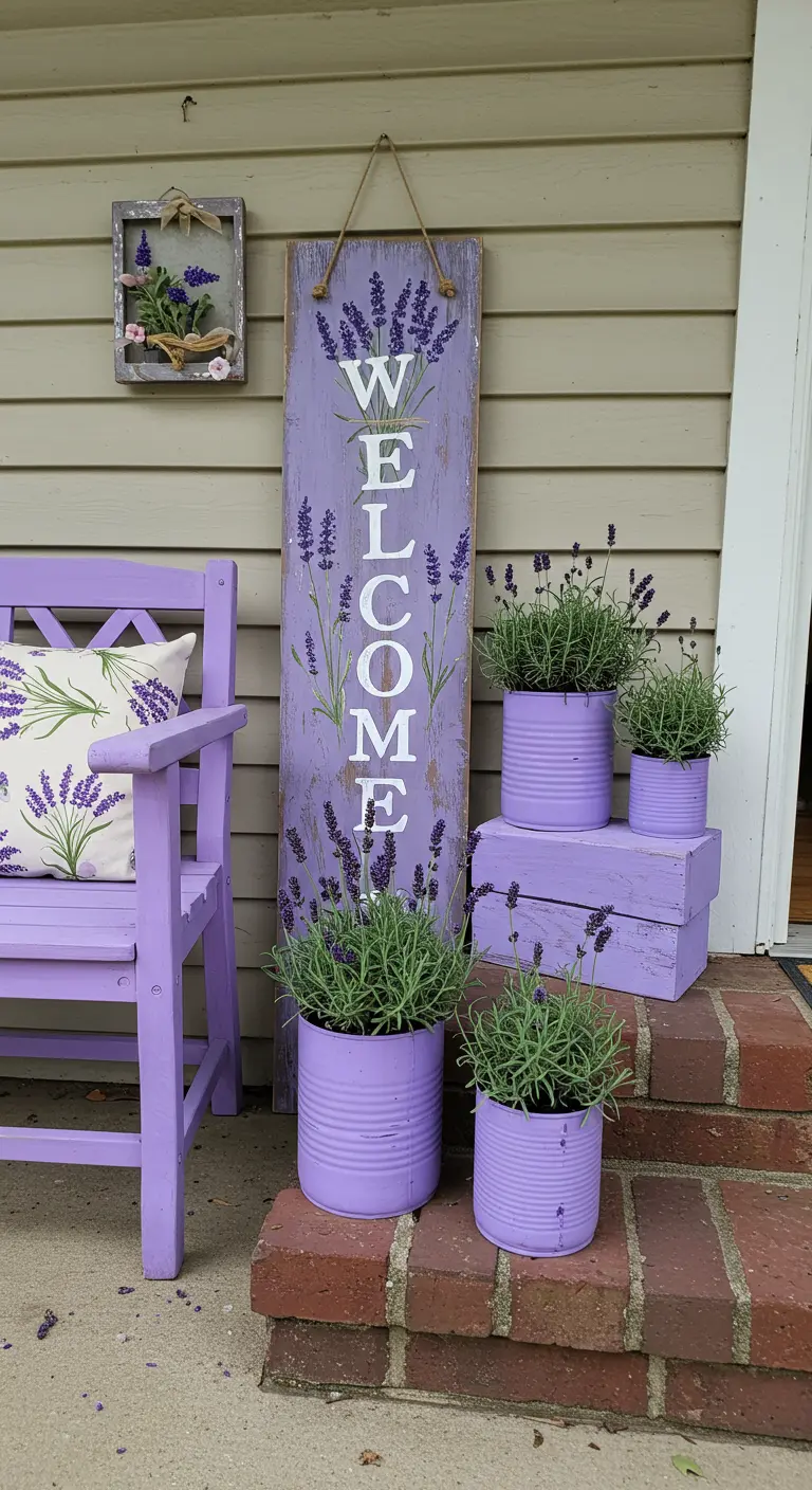 Rincón de porche con banco, macetas y cartel de bienvenida pintados en tonos lavanda.