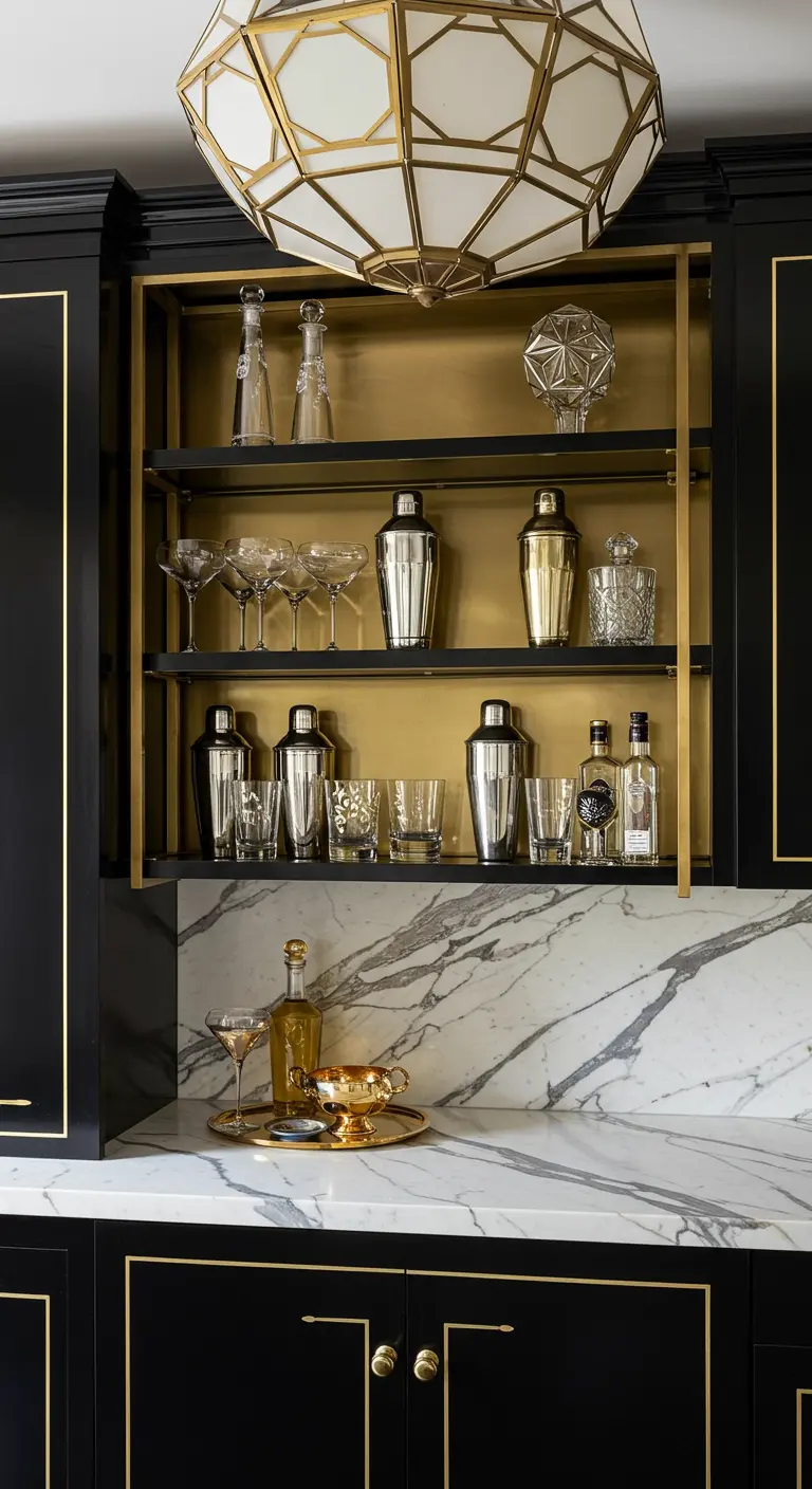 Nicho de bar con interior dorado, estantes negros y copas de cóctel.