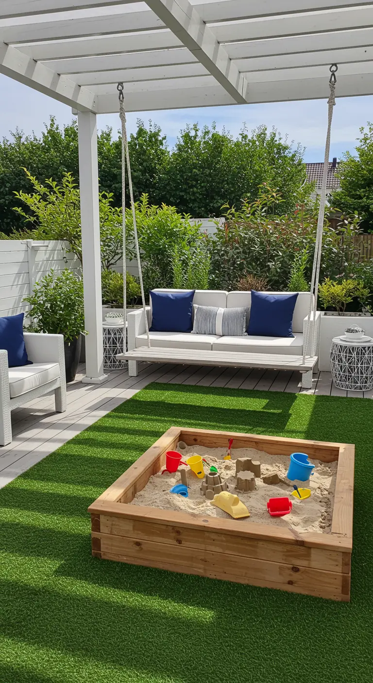 Patio de estilo escandinavo con pérgola blanca, columpio-banco, arenero de madera y cojines azules.
