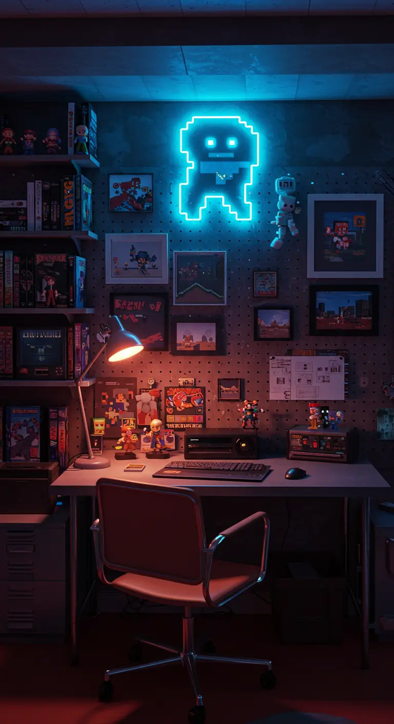 Espacio de trabajo para gamers con un neón azul de un personaje de 8-bits.