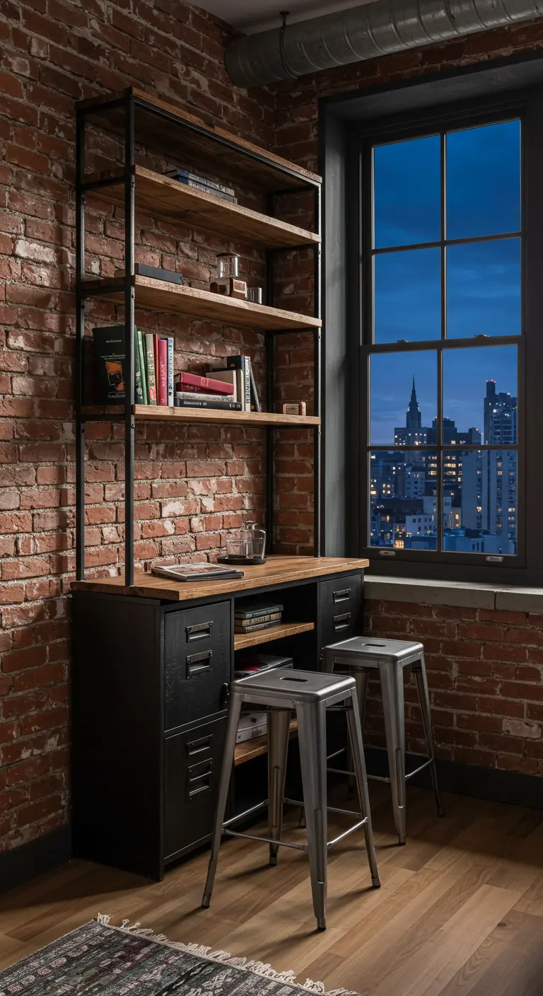 Escritorio tipo escalera de estilo industrial con estanterías de madera y estructura metálica negra.