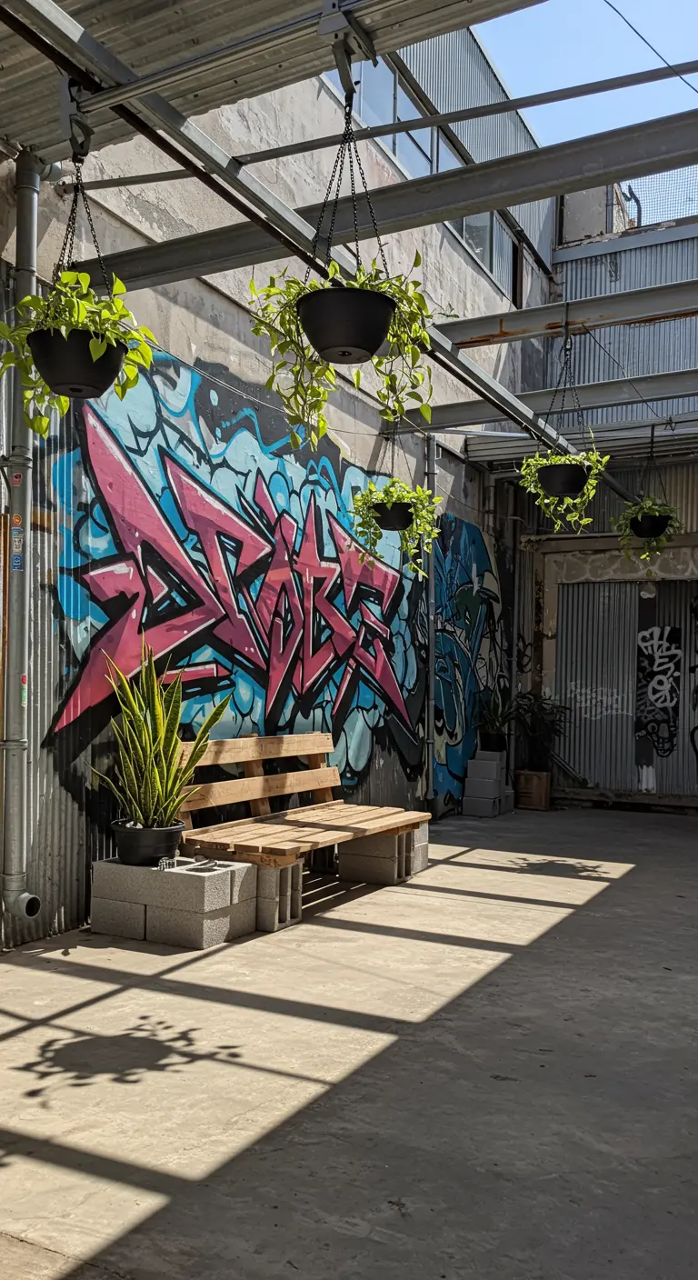 Patio de estilo industrial con un grafiti colorido, un banco de madera y bloques de hormigón, y plantas colgantes.