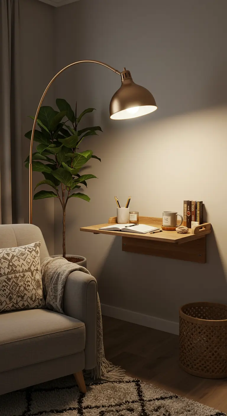 Escritorio plegable de pared junto a un sofá, iluminado por una gran lámpara de arco dorada.