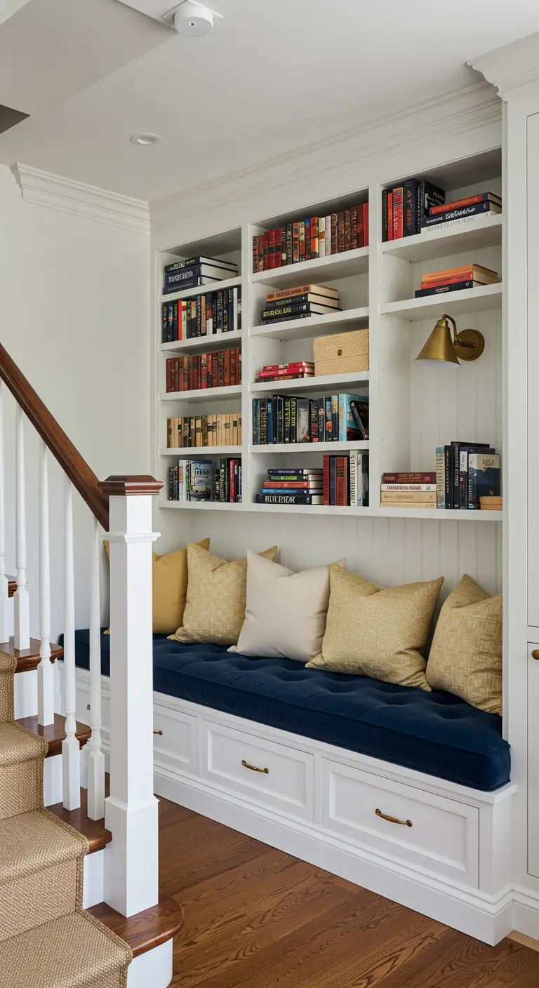 Rincón de lectura bajo la escalera con banco azul y estanterías blancas